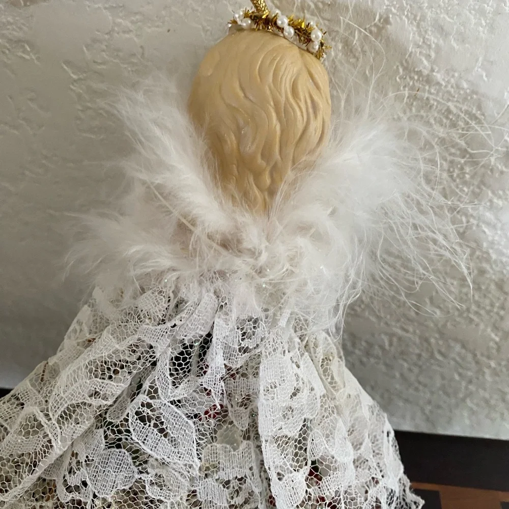 VTG Angel Feather Wings Porcelain Face Ornament Lace Dress Roses Baby Breath 8”L